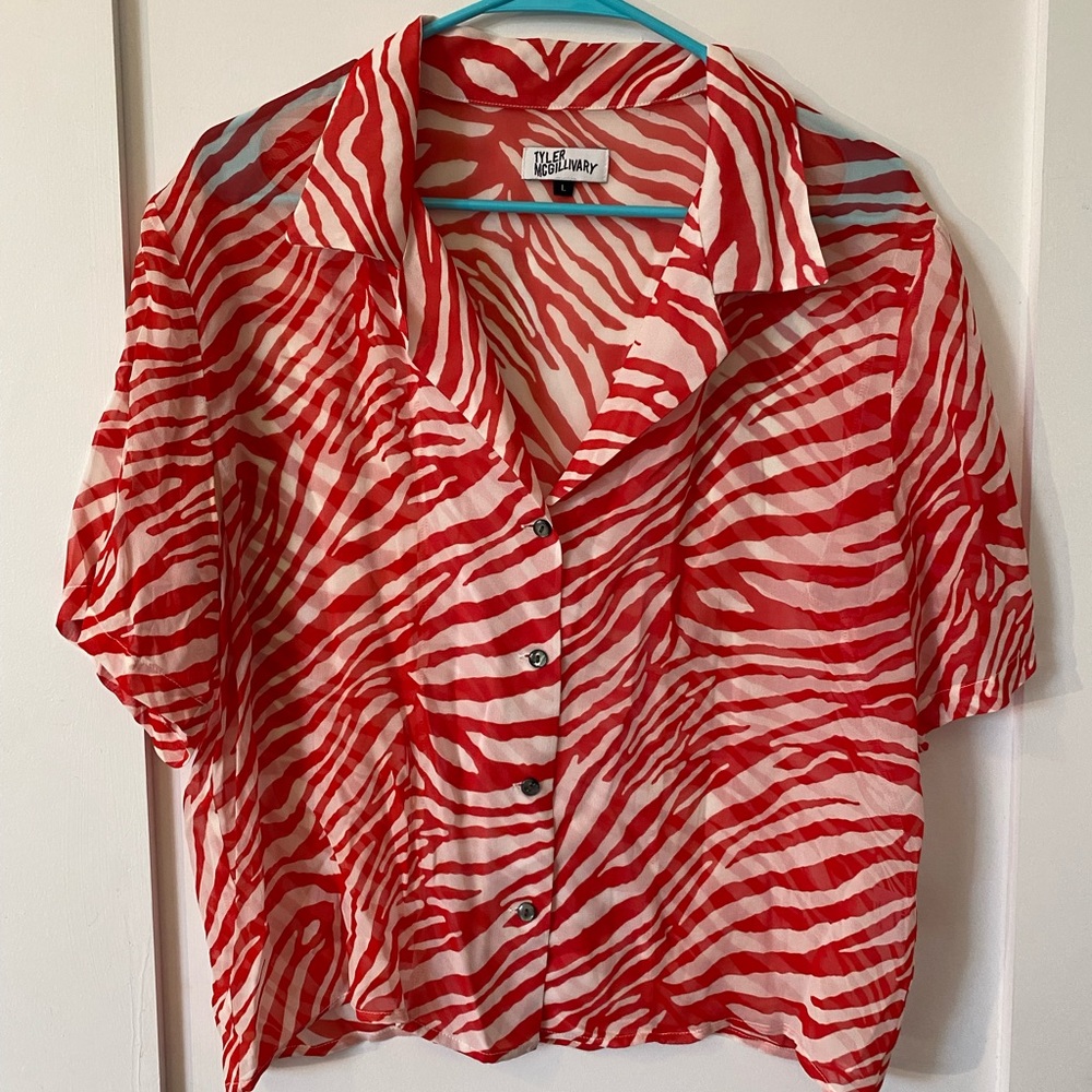 Tyler McGillivary Red and White Zebra Striped 100% silk Blouse
